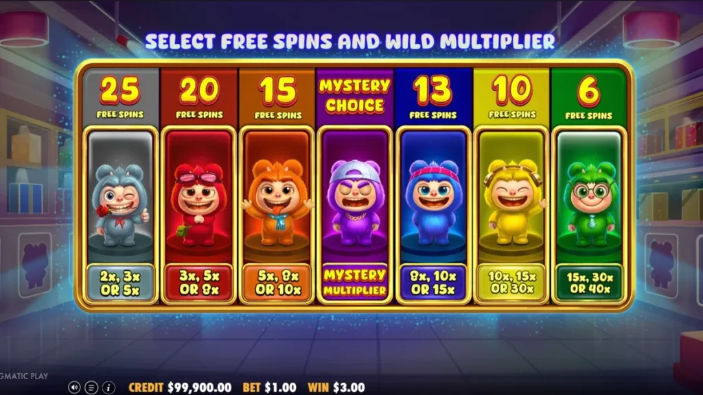 Tampilan visual slot Furry Bonanza Megaways dengan karakter beruang lucu dan latar belakang hutan mistis yang penuh warna.