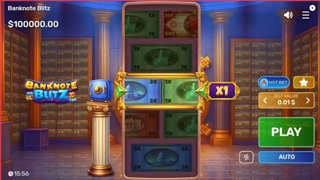 Tampilan visual slot Banknote Blitz dengan tema brankas mewah