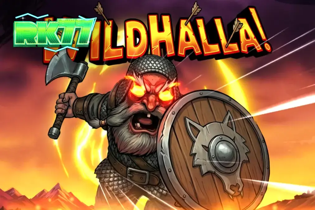 Tampilan visual slot Wildhalla dengan latar belakang mitologi Nordik dan simbol Viking.